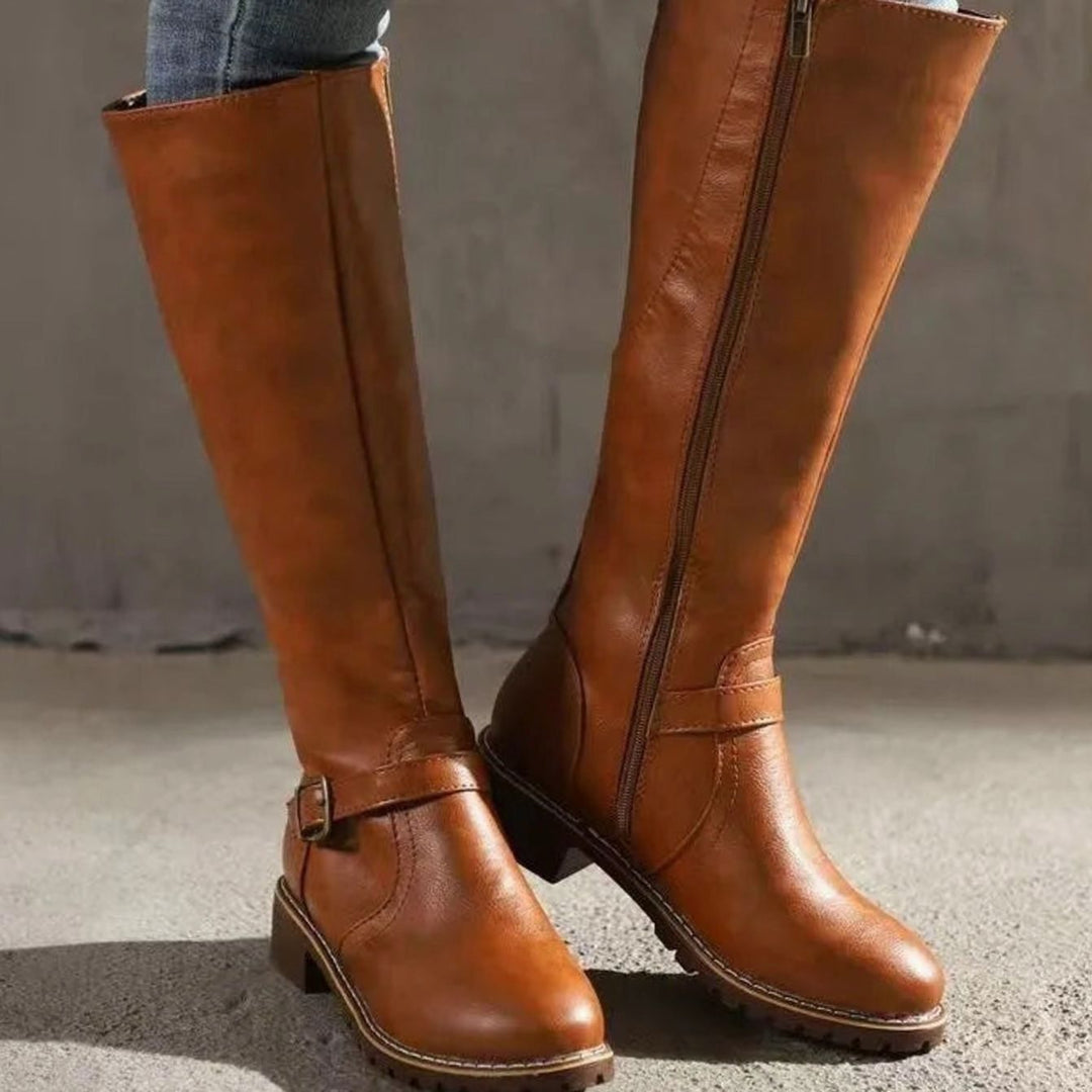 Women's Knee-High Buckle-Strap Orthopedic Leather Boots - Light Brown