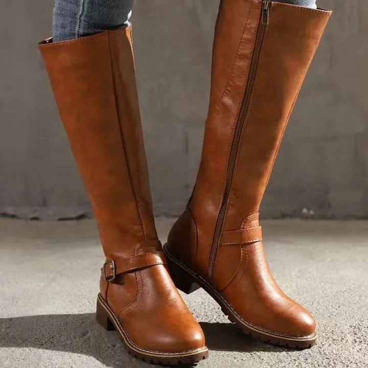 Women's Knee-High Buckle-Strap Orthopedic Leather Boots - Light Brown