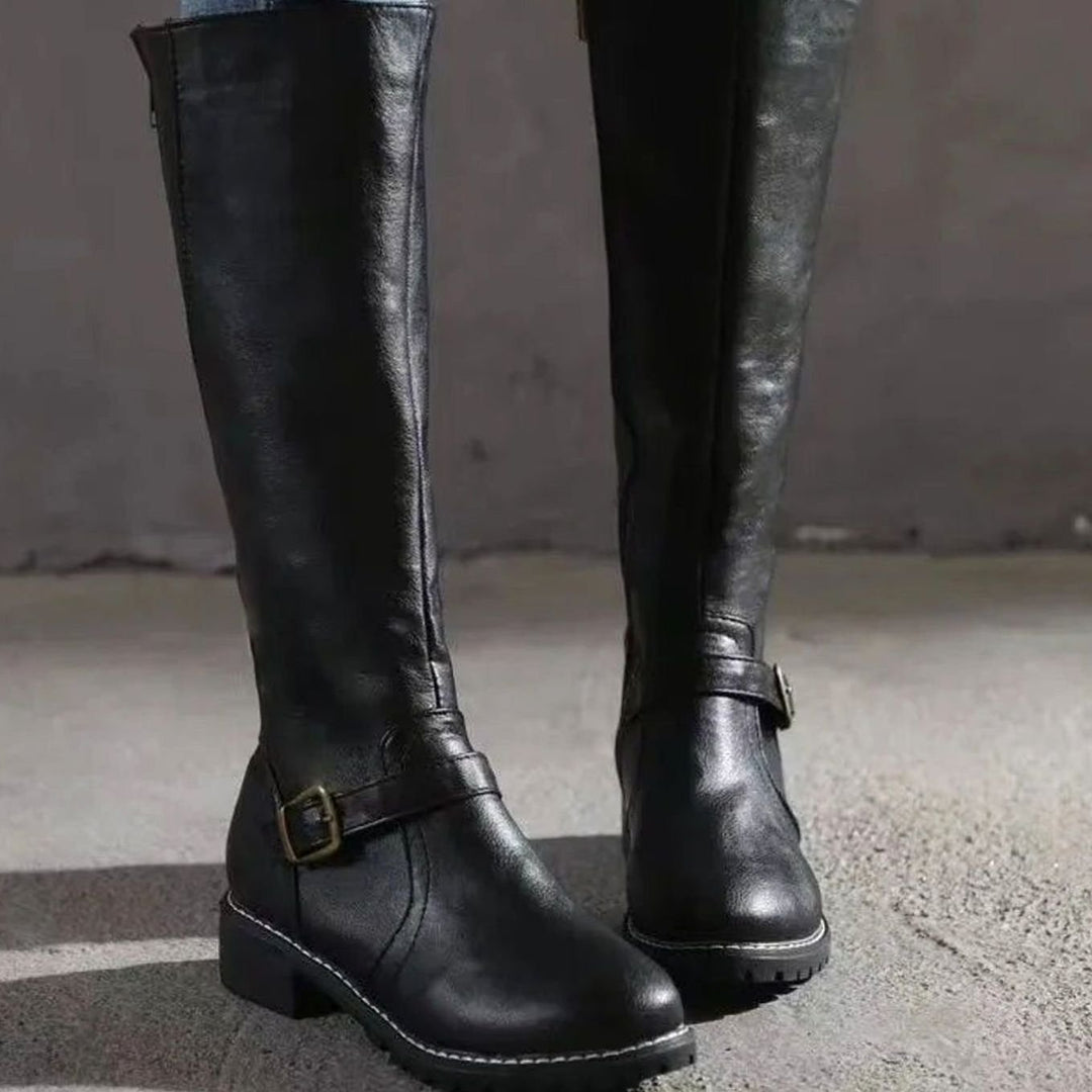 Women's Knee-High Buckle-Strap Orthopedic Leather Boots - Black