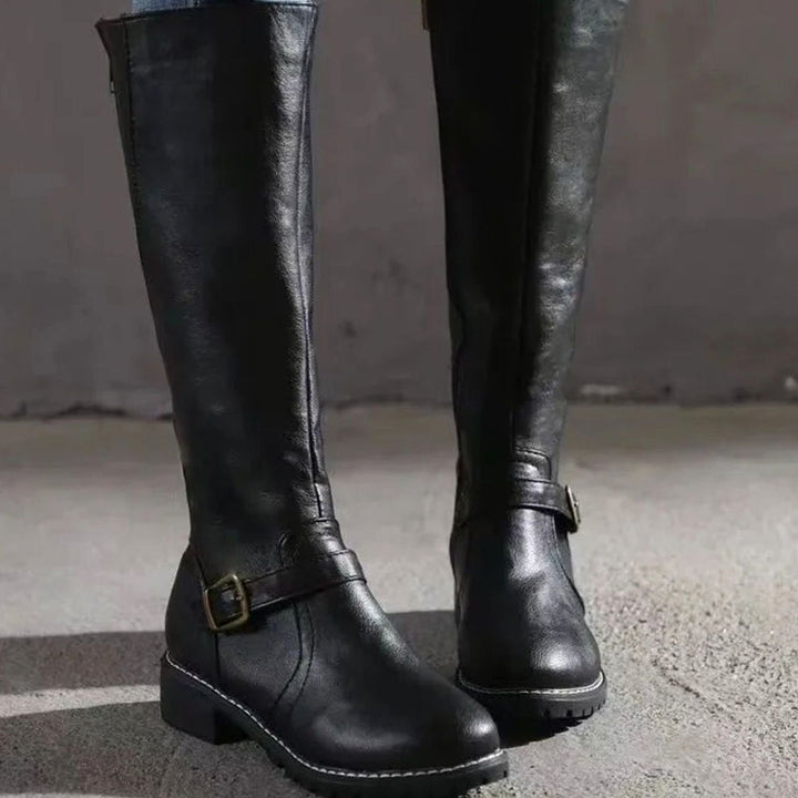 Women's Knee-High Buckle-Strap Orthopedic Leather Boots - Black
