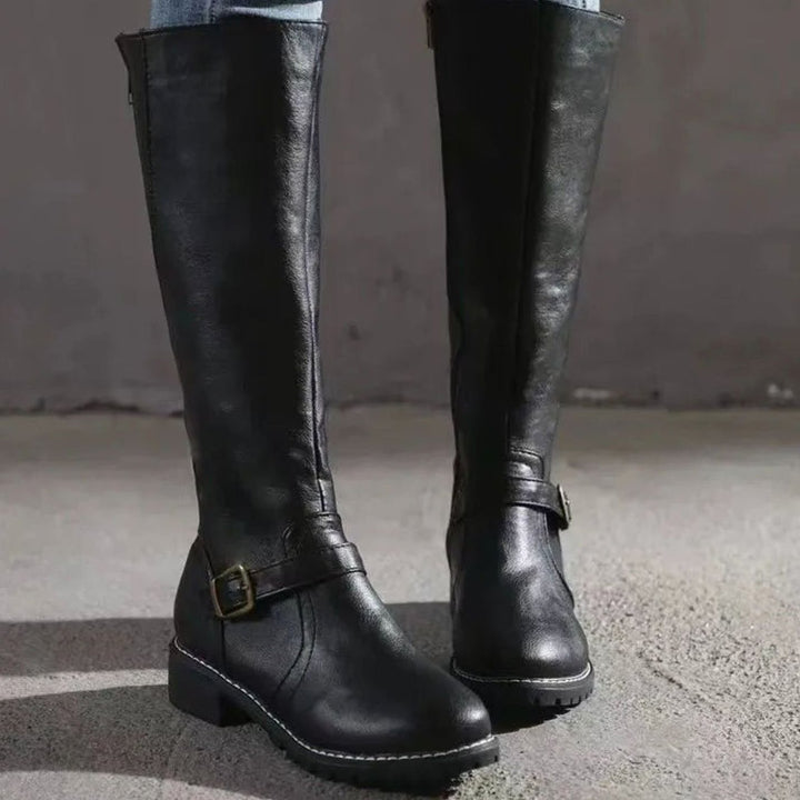 Women's Knee-High Buckle-Strap Orthopedic Leather Boots - Black