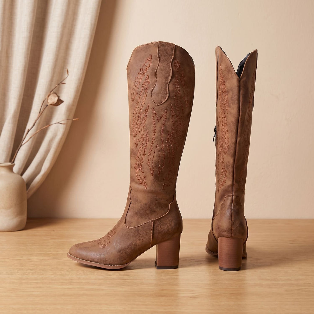 Women's Knee-High Faux Leather Embroidered Cowgirl Boots - Tan Brown