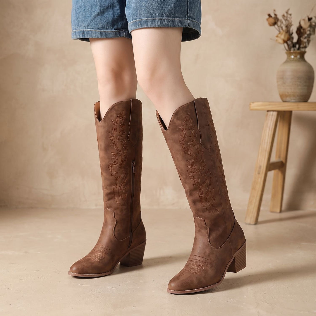 Women's Knee-High Faux Leather Embroidered Cowgirl Boots