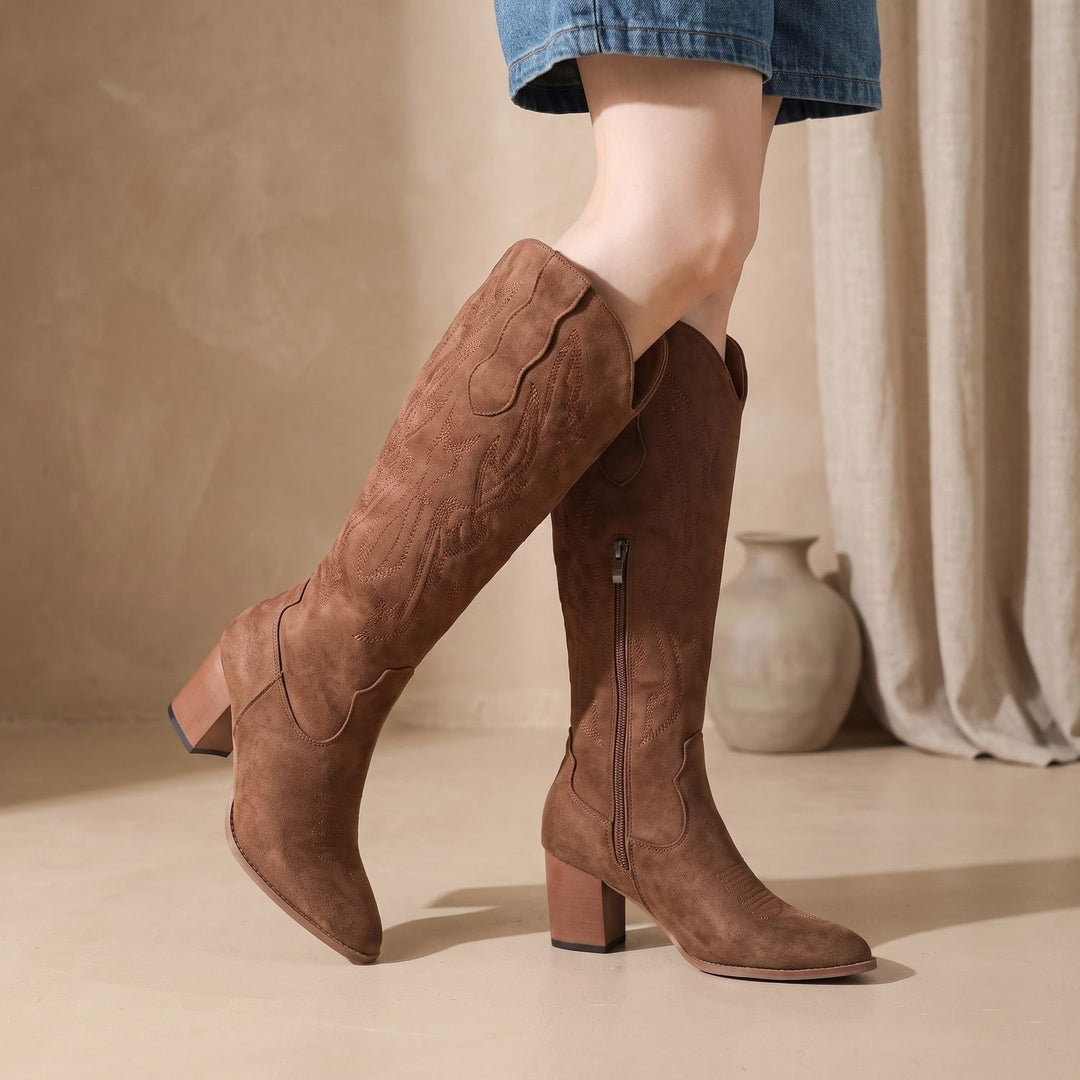 Women's Knee-High Faux Leather Embroidered Cowgirl Boots
