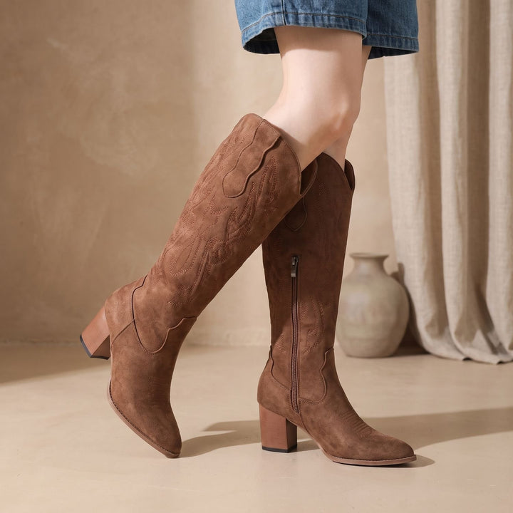 Women's Knee-High Faux Leather Embroidered Cowgirl Boots
