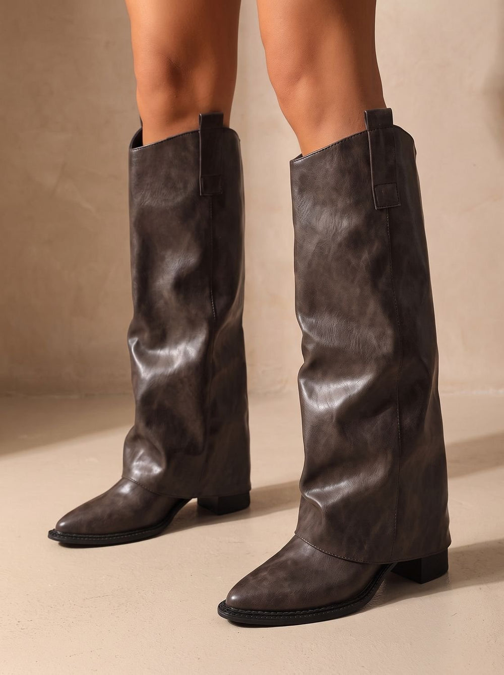 Women's Knee-High Faux Leather Slip-On Block Heel Western Boots