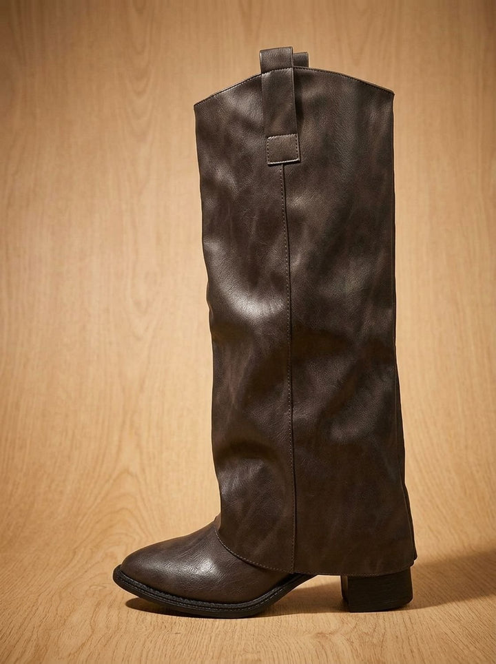 Women's Knee-High Faux Leather Slip-On Block Heel Western Boots