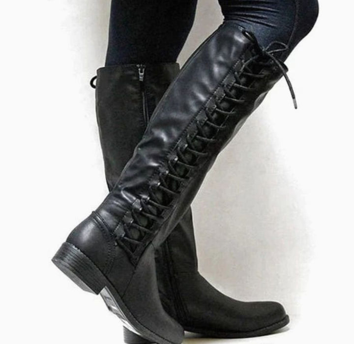 Women's Knee-High Lace-Up Side-Zip Flat Riding Boots - Black