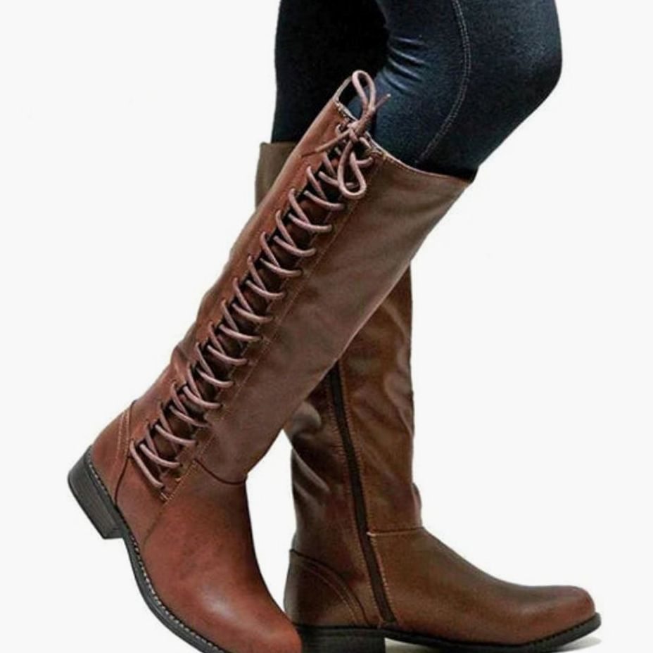Women's Knee-High Lace-Up Side-Zip Flat Riding Boots - Dark Brown