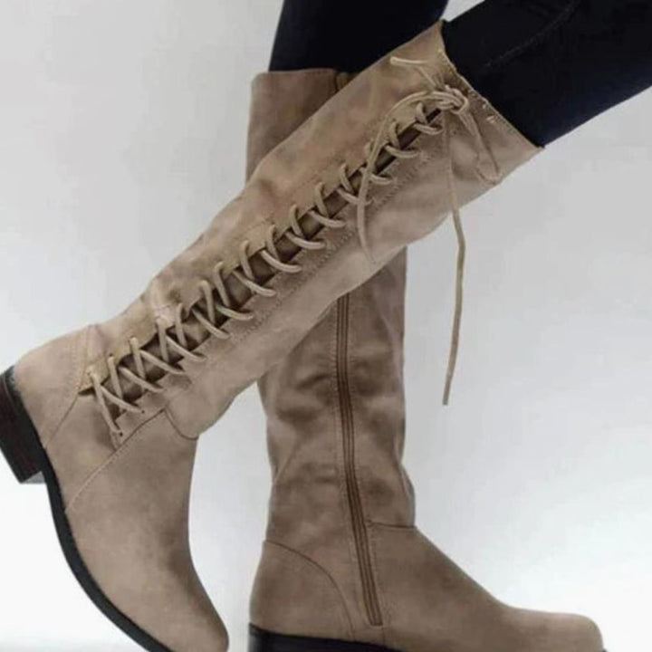 Women's Knee-High Lace-Up Side-Zip Flat Riding Boots - Brown