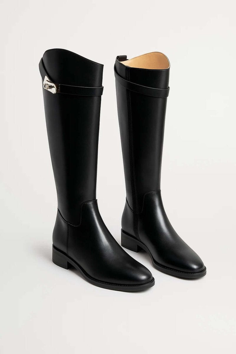 Women's Knee-High Leather Riding Boots Buckle Detail - Black