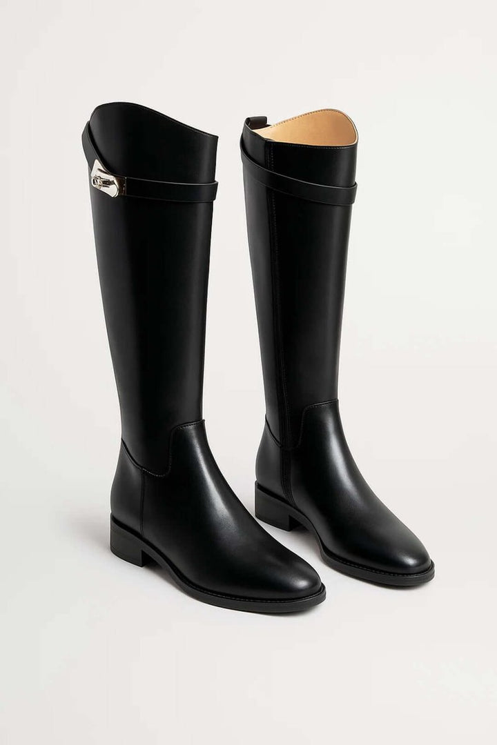 Women's Knee-High Leather Riding Boots Buckle Detail - Black