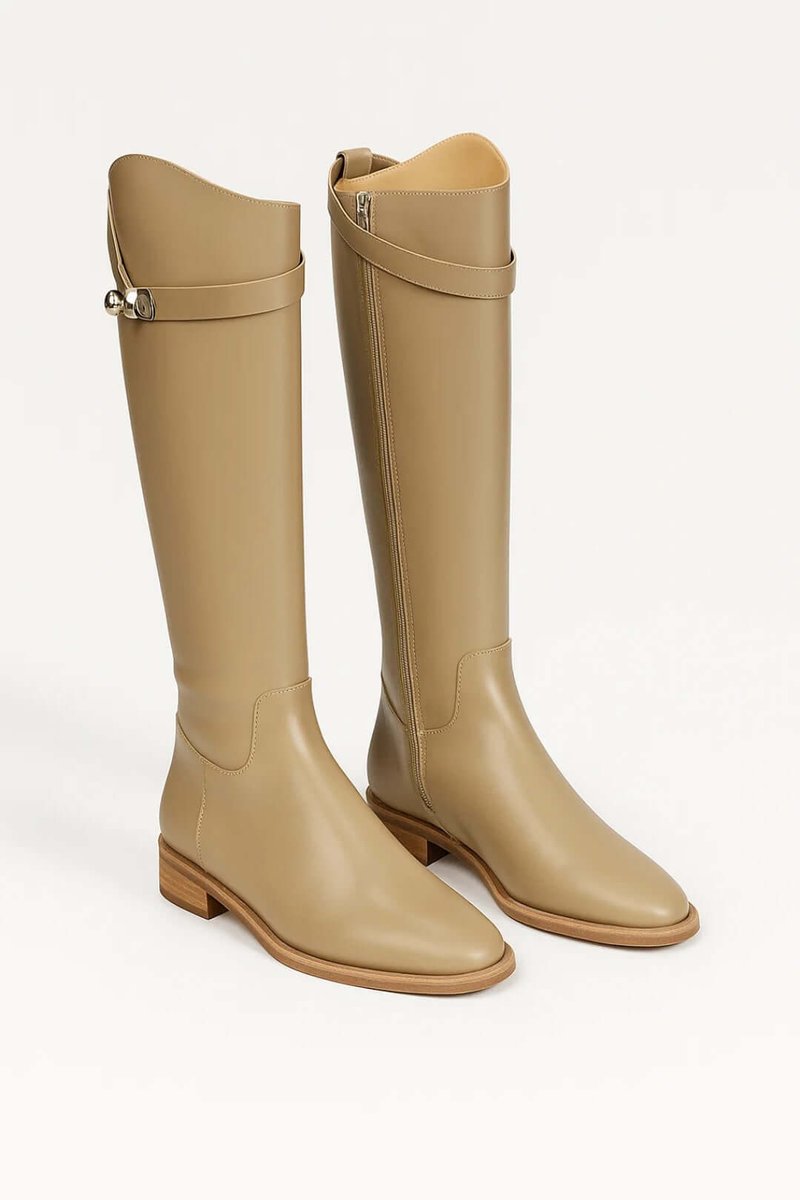 Women's Knee-High Leather Riding Boots Buckle Detail - Beige