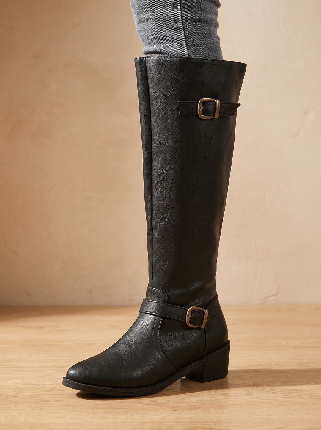 Women's Knee-High Riding Boots Low Block Heel Buckle Zip - Black
