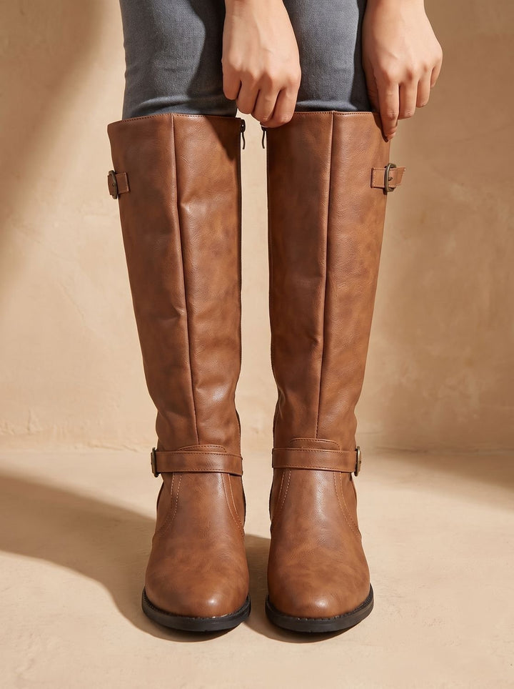 Women's Knee-High Riding Boots Low Block Heel Buckle Zip
