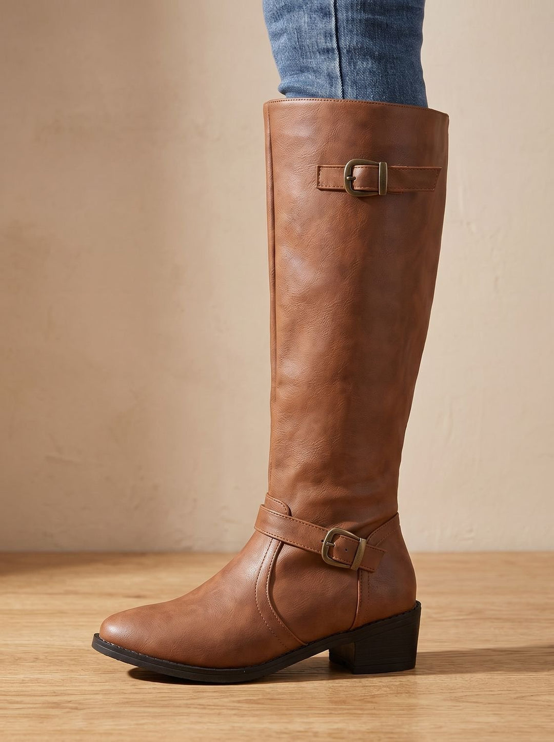 Women's Knee-High Riding Boots Low Block Heel Buckle Zip