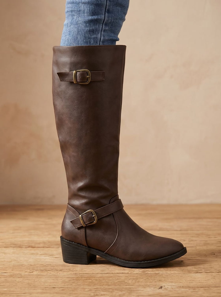 Women's Knee-High Riding Boots Low Block Heel Buckle Zip