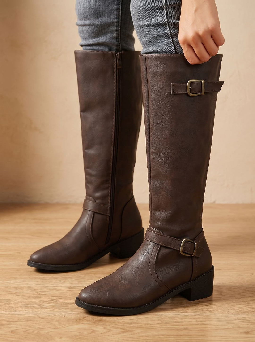 Women's Knee-High Riding Boots Low Block Heel Buckle Zip