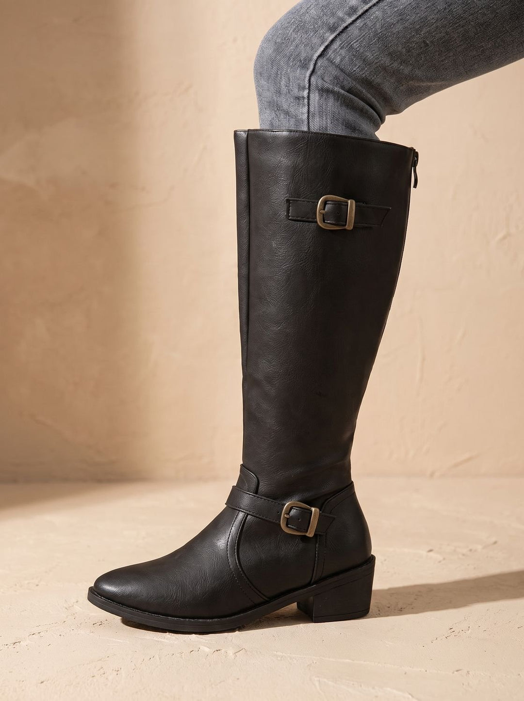 Women's Knee-High Riding Boots Low Block Heel Buckle Zip
