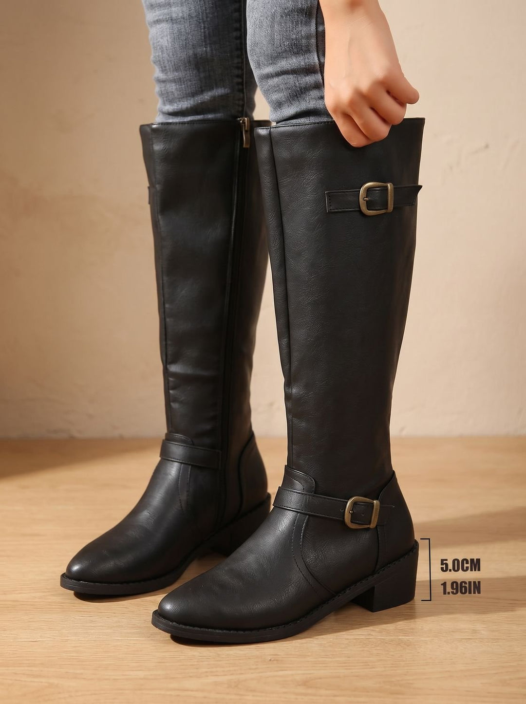 Women's Knee-High Riding Boots Low Block Heel Buckle Zip