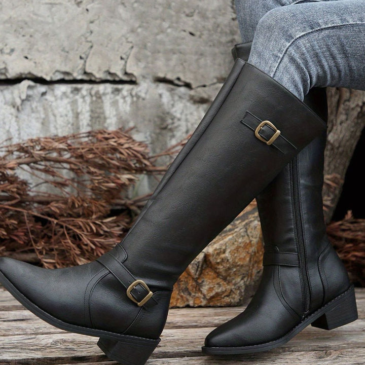 Women's Knee-High Riding Boots Low Heel Buckle Zip - Black