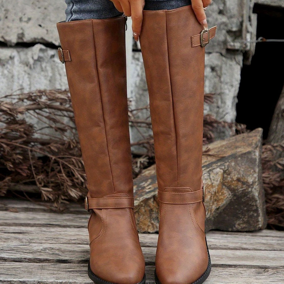 Women's Knee-High Riding Boots Low Heel Buckle Zip