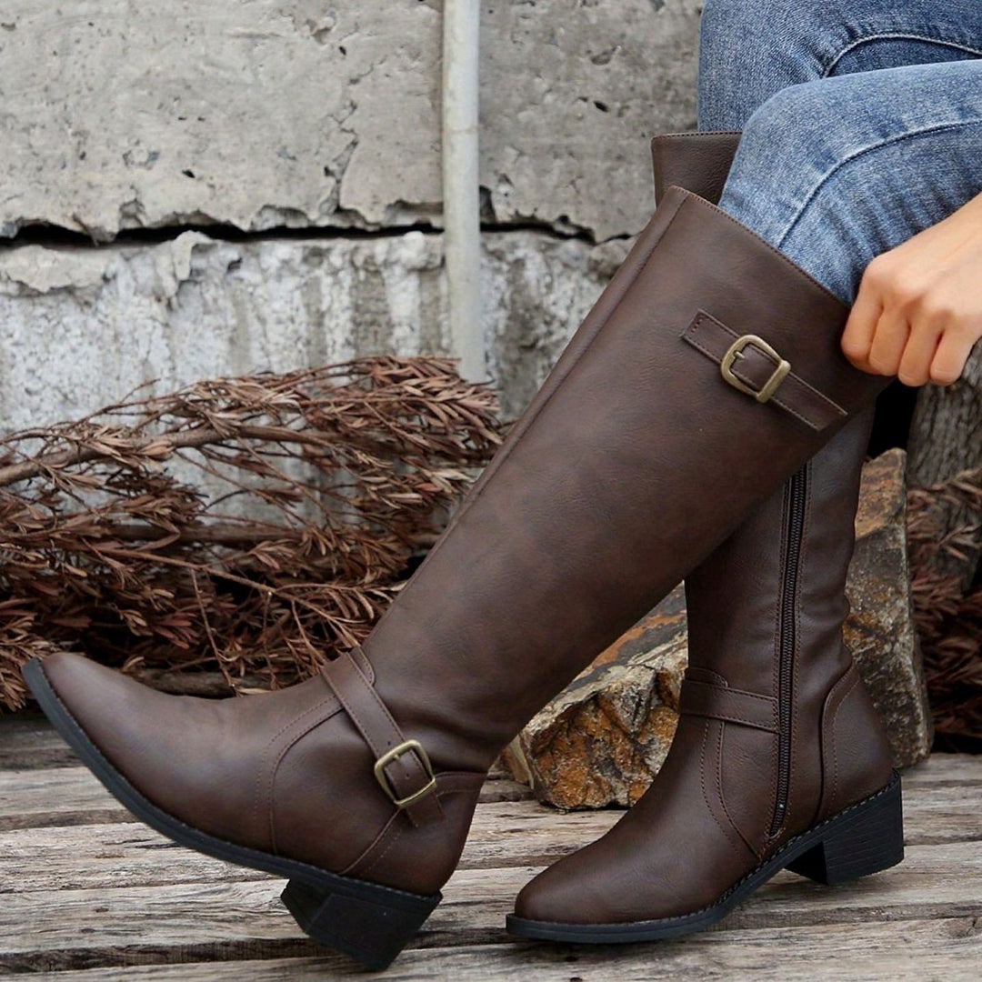 Women's Knee-High Riding Boots Low Heel Buckle Zip - Dark Brown