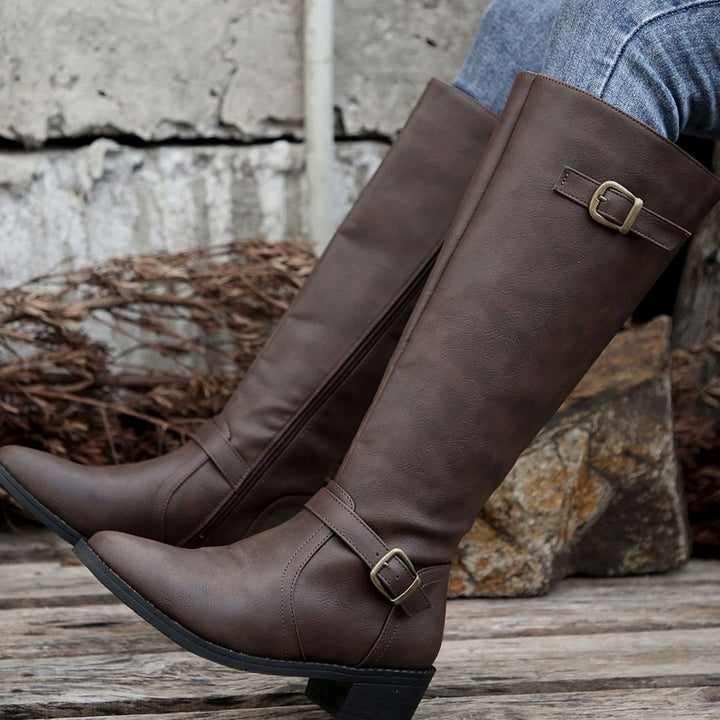 Women's Knee-High Riding Boots Low Heel Buckle Zip