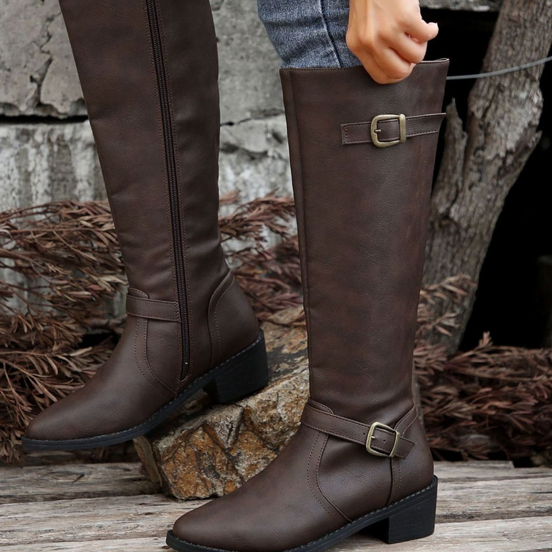 Women's Knee-High Riding Boots Low Heel Buckle Zip
