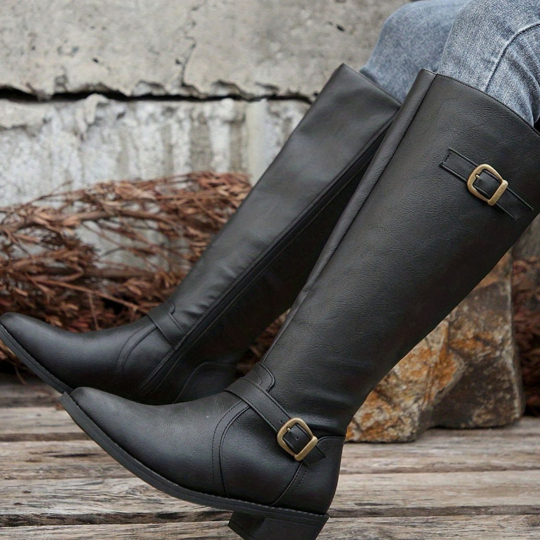 Women's Knee-High Riding Boots Low Heel Buckle Zip