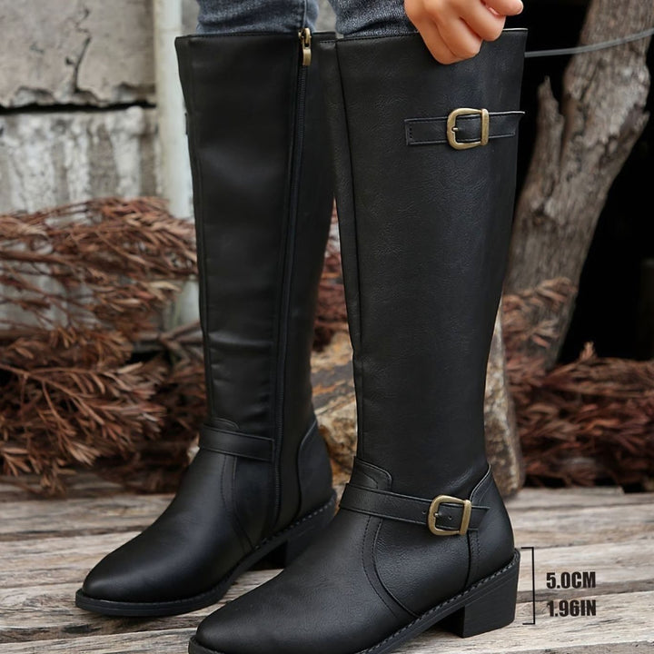 Women's Knee-High Riding Boots Low Heel Buckle Zip