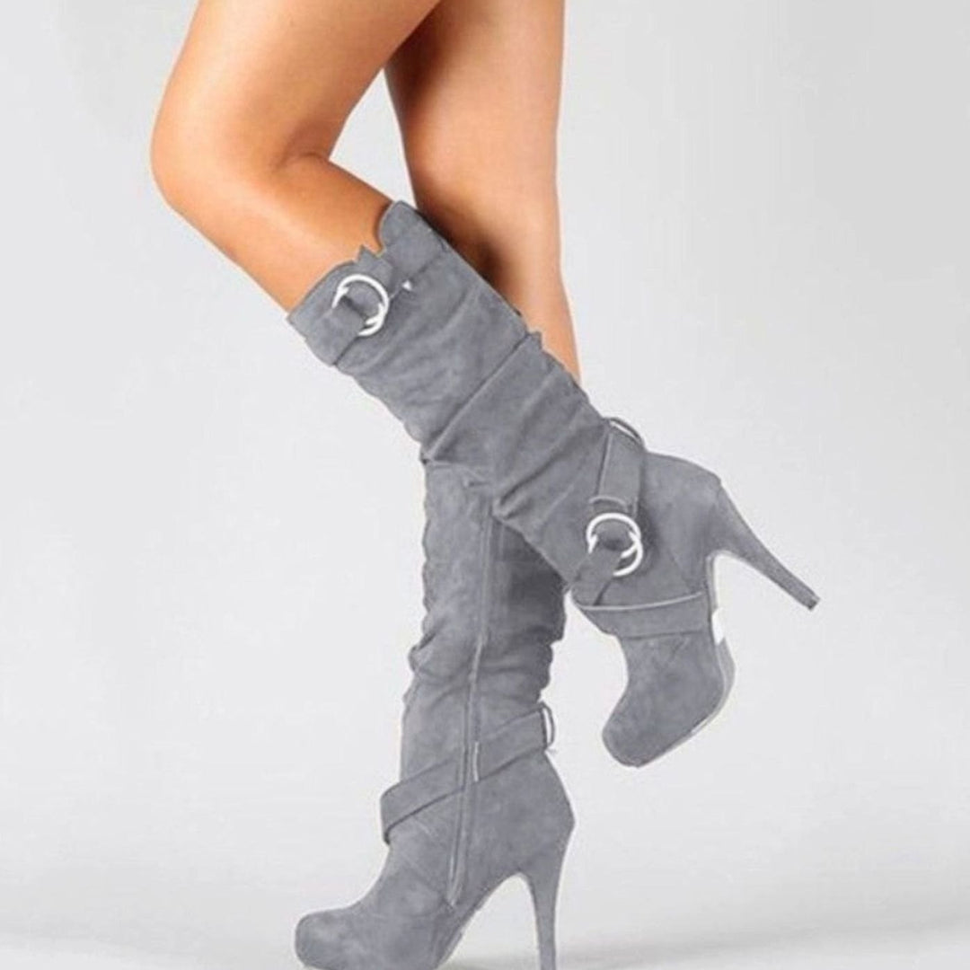 Women's Knee-High Stiletto Heel Boots Buckle Suede - Grey