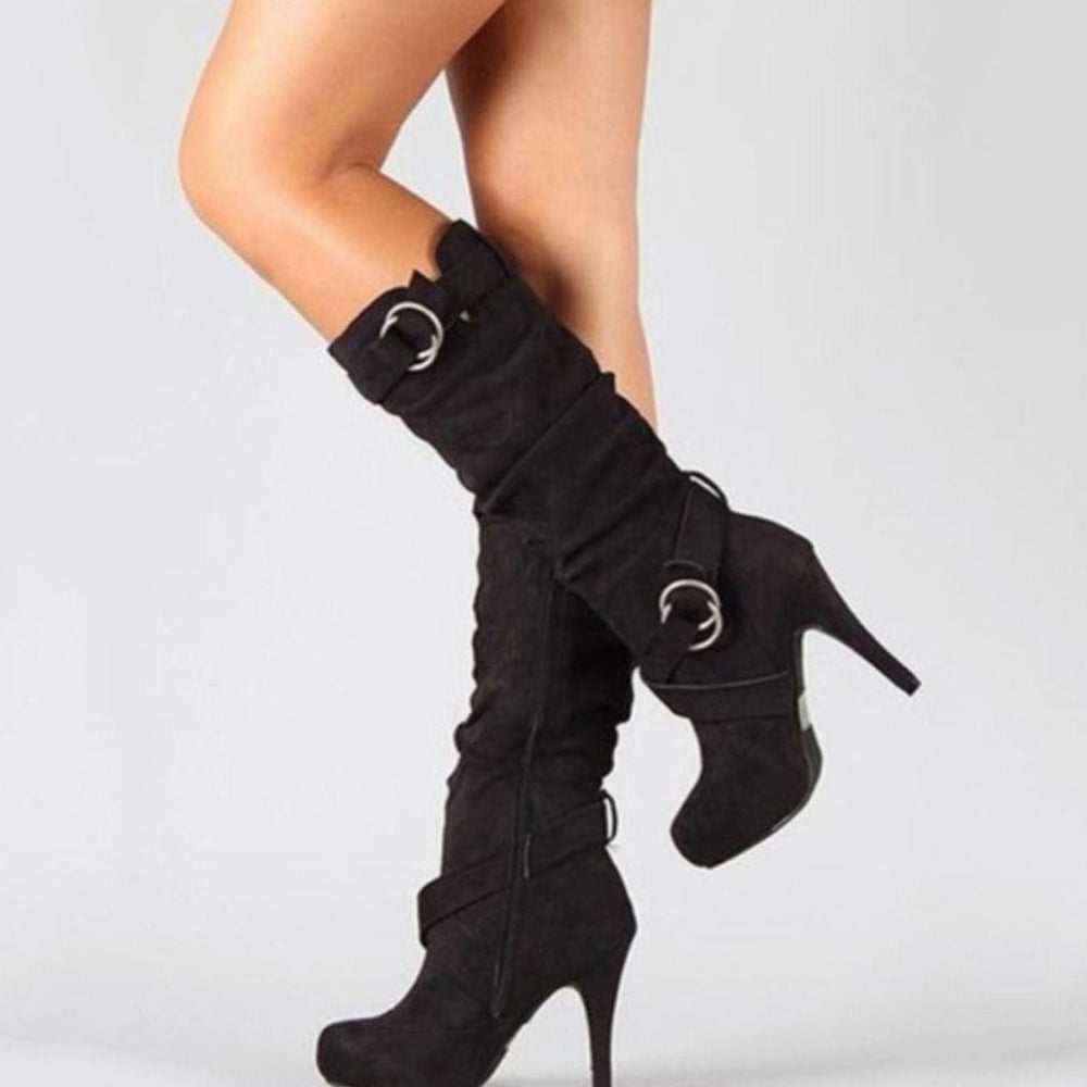 Women's Knee-High Stiletto Heel Boots Buckle Suede - Black
