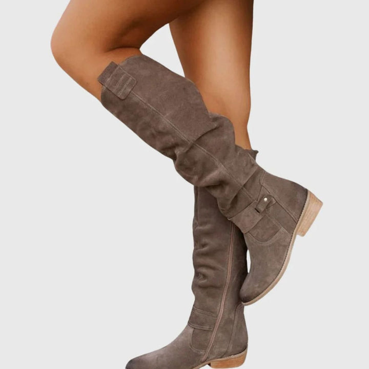 Women's Knee-High Suede Zipper Boots Low Block Heel - Gray