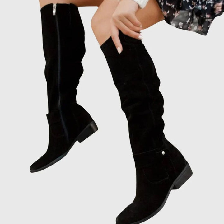 Women's Knee-High Suede Zipper Boots Low Block Heel - Black