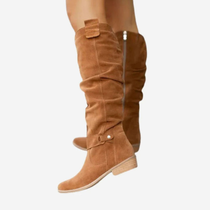 Women's Knee-High Suede Zipper Boots Low Block Heel - Brown