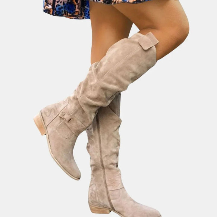 Women's Knee-High Suede Zipper Boots Low Block Heel - Beige