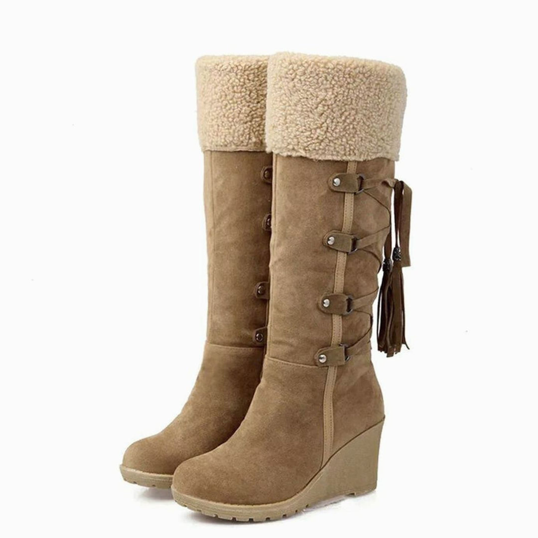 Women's Knee-High Wedge Winter Boots Faux-Fur Cuff Tassel Detail - Brown