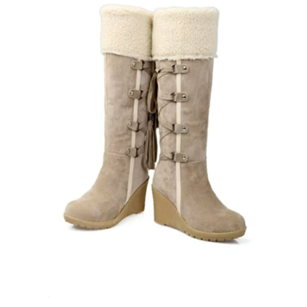 Women's Knee-High Wedge Winter Boots Faux-Fur Cuff Tassel Detail