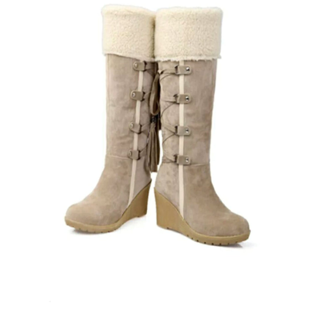Women's Knee-High Wedge Winter Boots Faux-Fur Cuff Tassel Detail