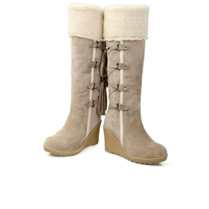 Women's Knee-High Wedge Winter Boots Faux-Fur Cuff Tassel Detail