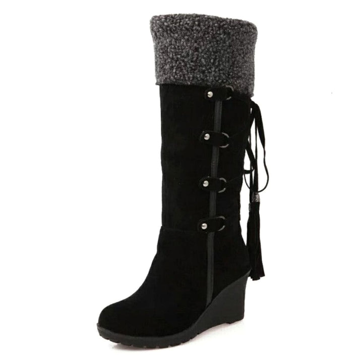Women's Knee-High Wedge Winter Boots Faux-Fur Cuff Tassel Detail - Black