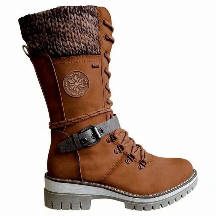 Women's Knit-Cuff Lace-Up Mid-Calf Winter Boots - Brown