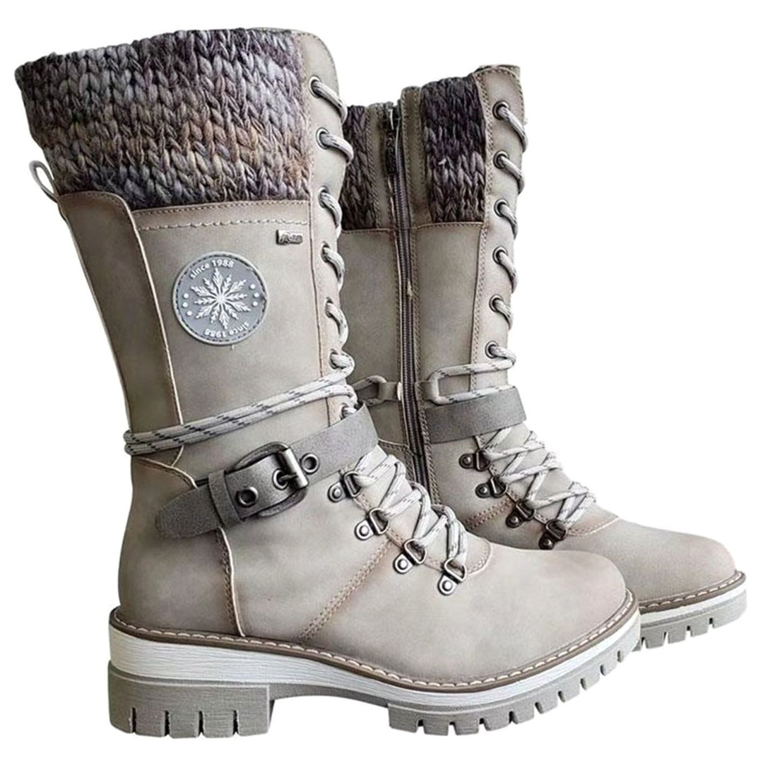 Women's Knit-Cuff Lace-Up Mid-Calf Winter Boots - White
