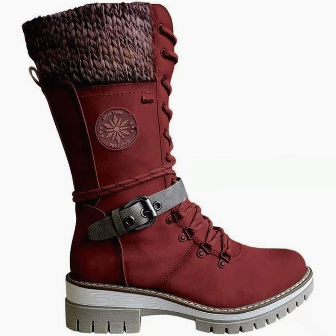 Women's Knit-Cuff Lace-Up Mid-Calf Winter Boots - Red