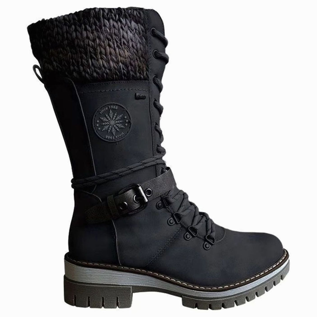 Women's Knit-Cuff Lace-Up Mid-Calf Winter Boots - Black