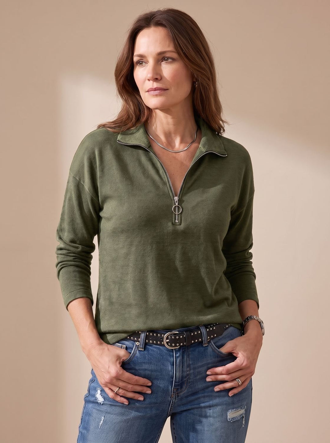 Women's Knit Pullover Half-Zip Lapel Collar Sweater - Green