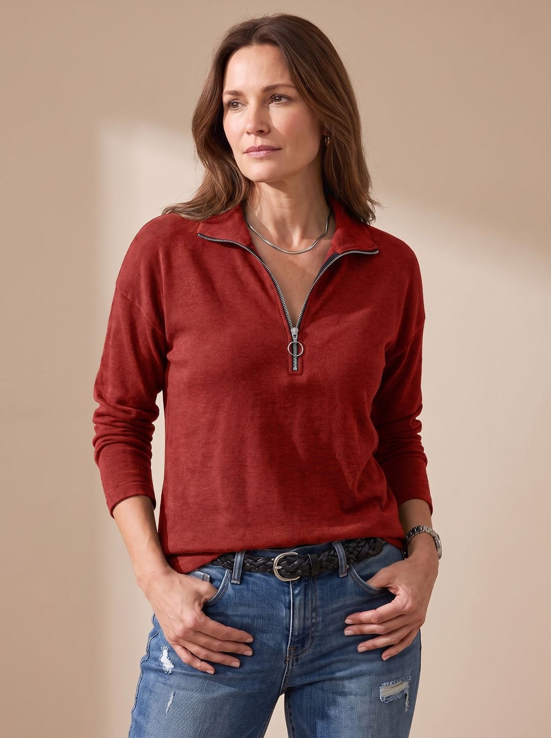 Women's Knit Pullover Half-Zip Lapel Collar Sweater - Red