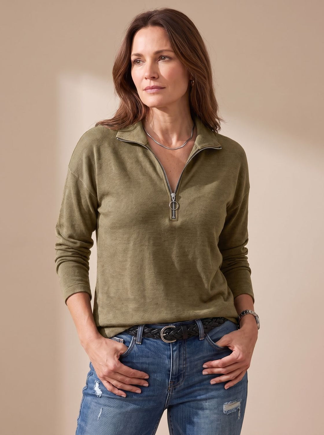 Women's Knit Pullover Half-Zip Lapel Collar Sweater - Brown