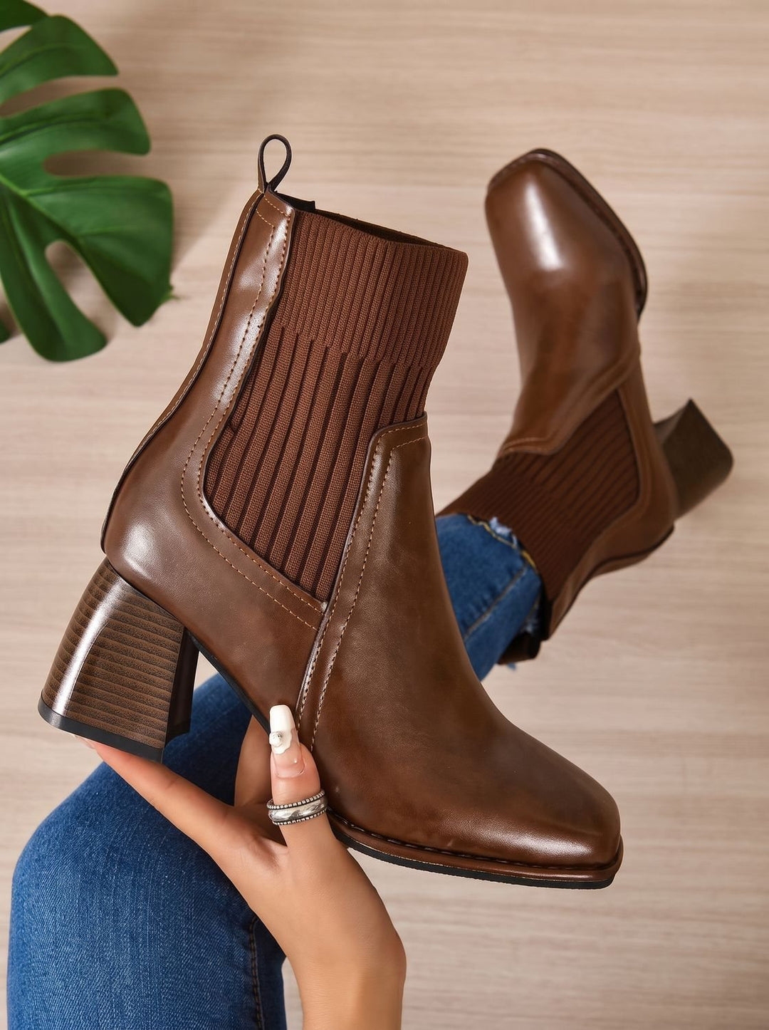 Women's Knit-Shaft Block-Heel Slip-On Ankle Boots